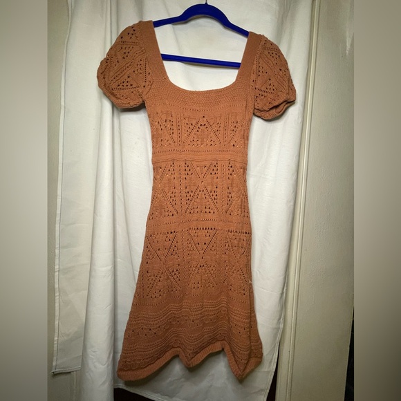 Sweet Lovely by Jen Copper Rust Crochet Short Sleeve Dress w/ Lining Size Small - Picture 8 of 14